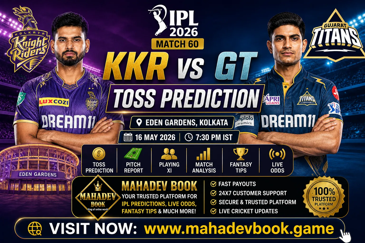 Read more about the article KKR vs GT Match Toss Prediction IPL 2026 – Eden Gardens Pitch Report, Playing XI & Match Analysis